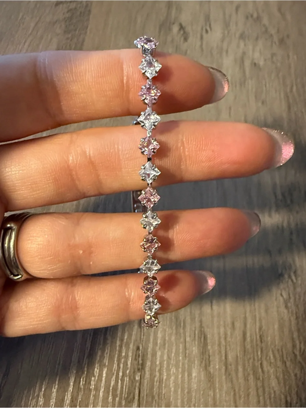 Silver Pink and White Crystal Tennis Bracelet